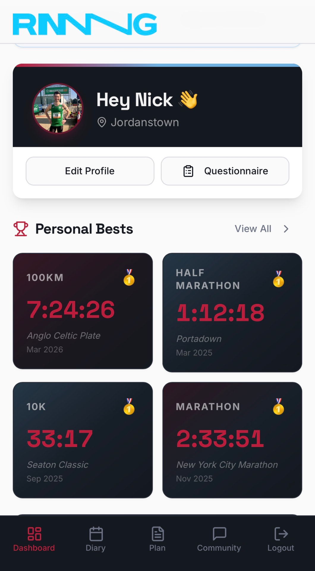 RNNNG athlete app dashboard showing athlete profile and personal best times