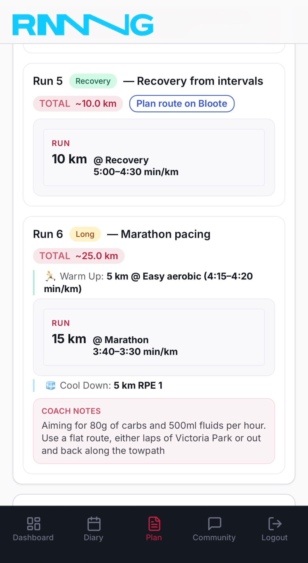 RNNNG athlete app session detail showing a long run with warm-up, main set, cool-down and coach notes