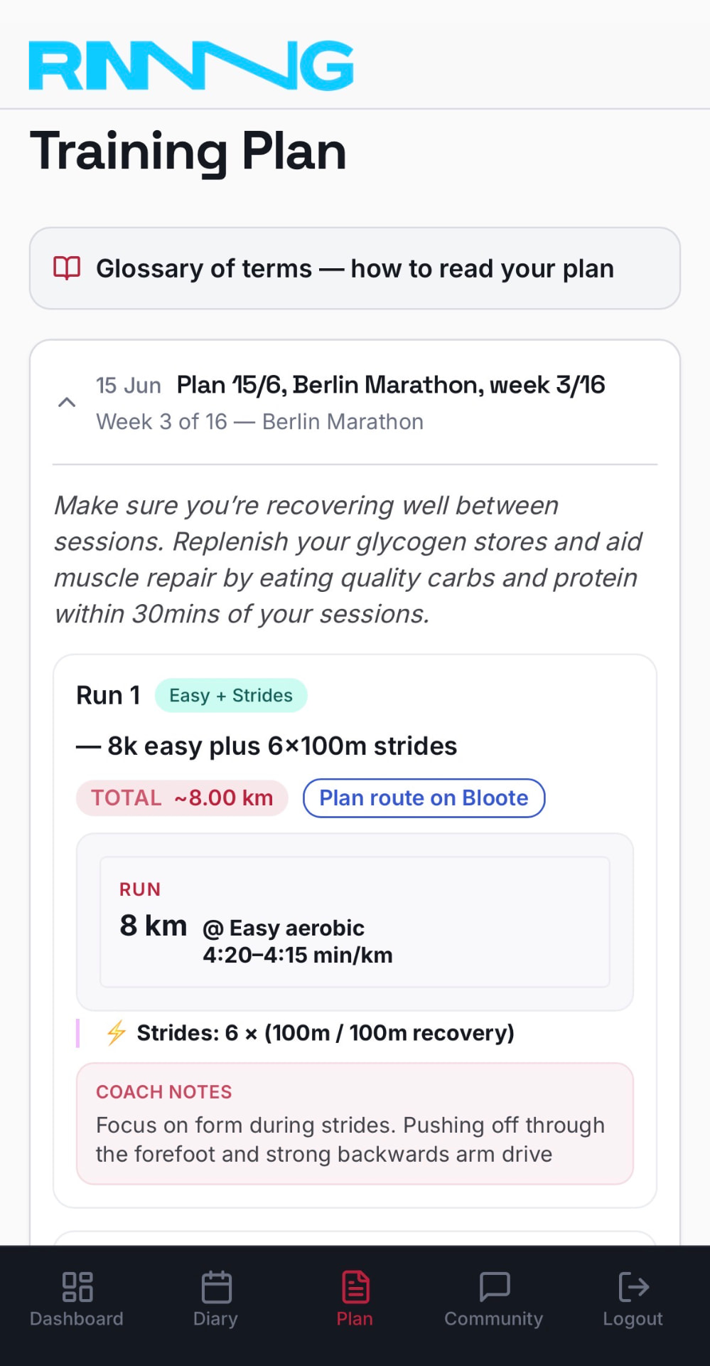 RNNNG athlete app training plan screen showing a marathon block week with session detail and coach notes